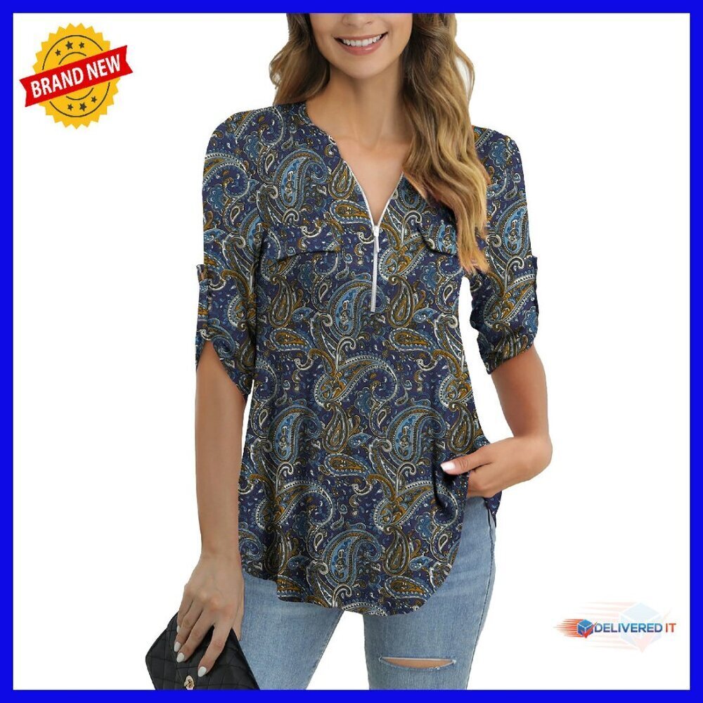 Plus Size 3/4 Roll Sleeve V Neck Tunic Top Polyester Spandex Blouse